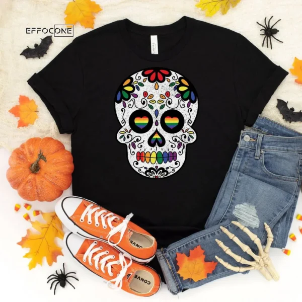 Halloween Sugar Skull Rainbow Shirt, Trick or Treat t-shirt, Funny Halloween Shirt, Gay Halloween Shirt