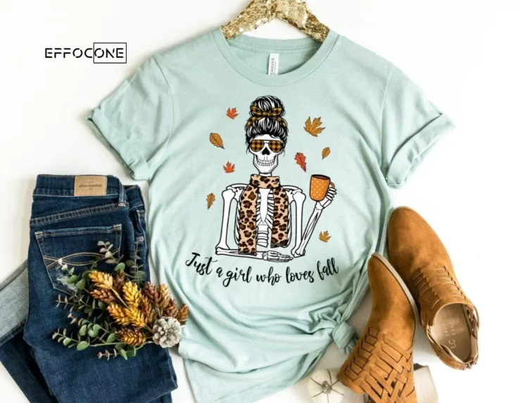 Just a Girl Who Loves Fall Skeleton Shirt, Fall Leopard Shirt, Thanksgiving Shirt, Fall Tshirt, Pumpkin Shirt, Shirts for Fall, Fall T-shirt