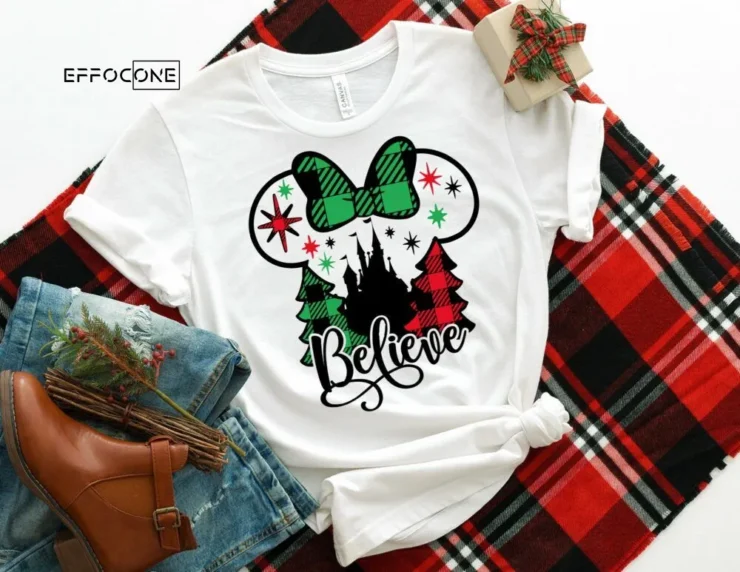 Believe Christmas Shirt with Trees, Christmas T-Shirt, Christmas TShirt, Christmas Lights Tshirt, Winter Time Shirt, Christmas Gift