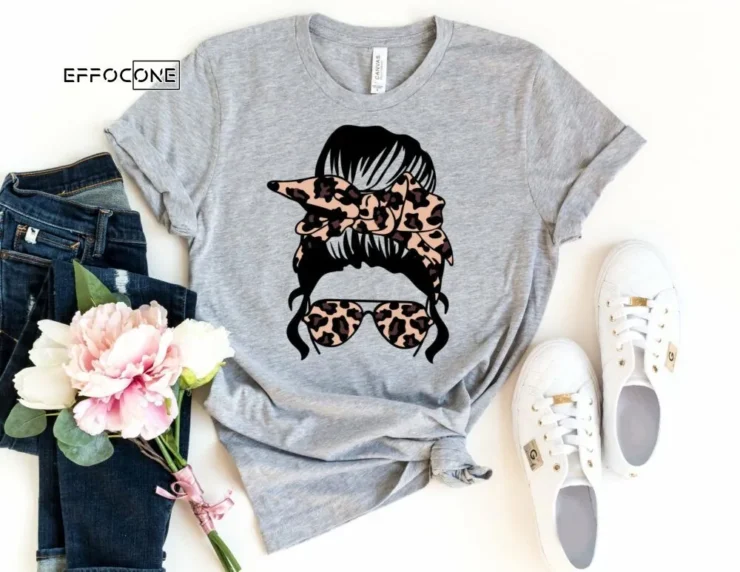 Messy Mom Bun Leopard Sunglasses Shirt Leopard Mom Shirt