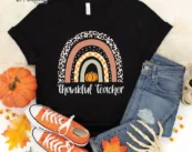 Thanksgiving Teacher Thankful Rainbow Pumpkin T-Shirt