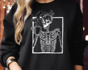 Drinking Coffee Skeleton Halloween Sweatshirt