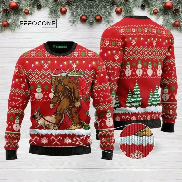 Bigfoot Pug Ugly Christmas Sweater Red