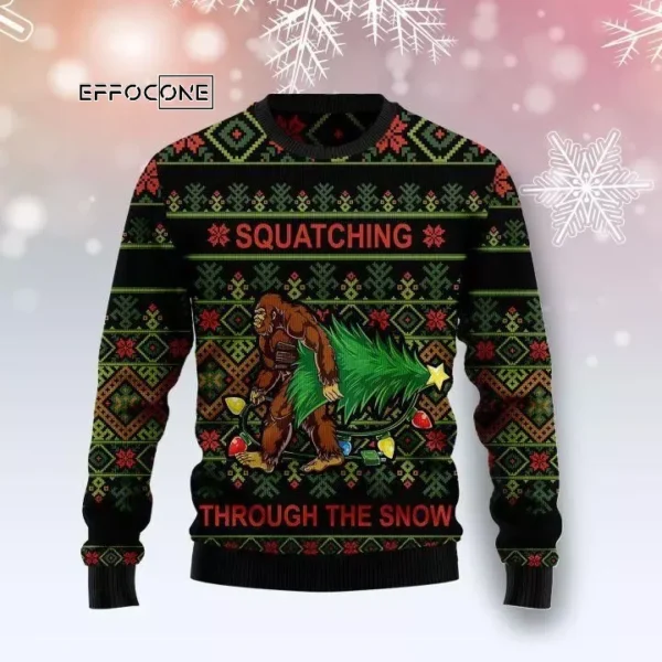 Bigfoot Squadching Snow Ugly Christmas Sweater