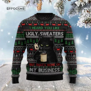 None Of My Business Black Cat Ugly Christmas Sweater