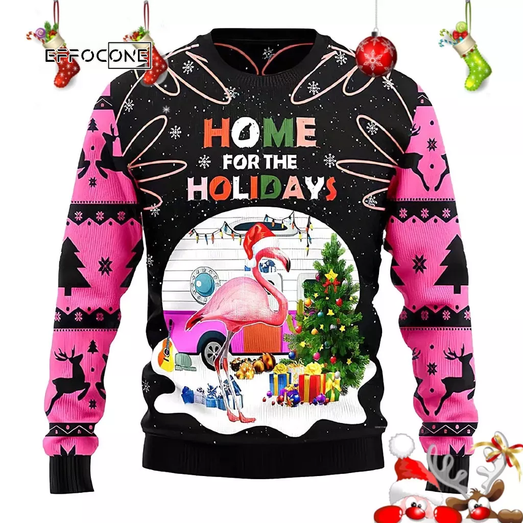 Pink Flamingo 2022 Ugly Christmas Sweater Home for The Holidays